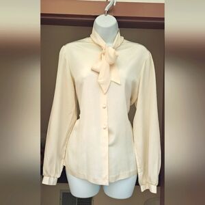 VINTAGE 1980s KORET Scarf Tie Blouse Cream Color Long Sleeve Puff Sleeve Fall